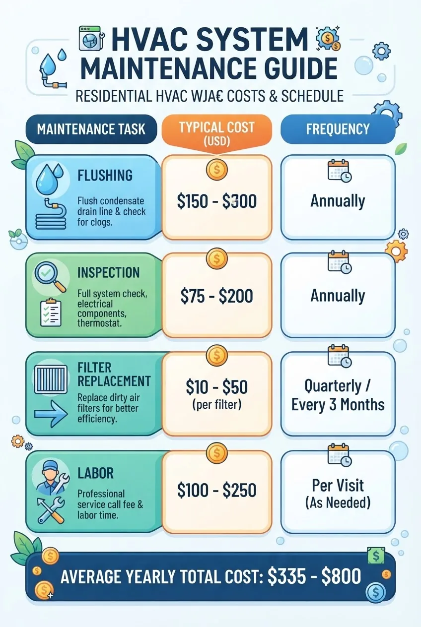 Infographic with three main columns labeled "Maintenance Task," "Typical Cost (USD)," and "Frequency," each column featuring clear icons