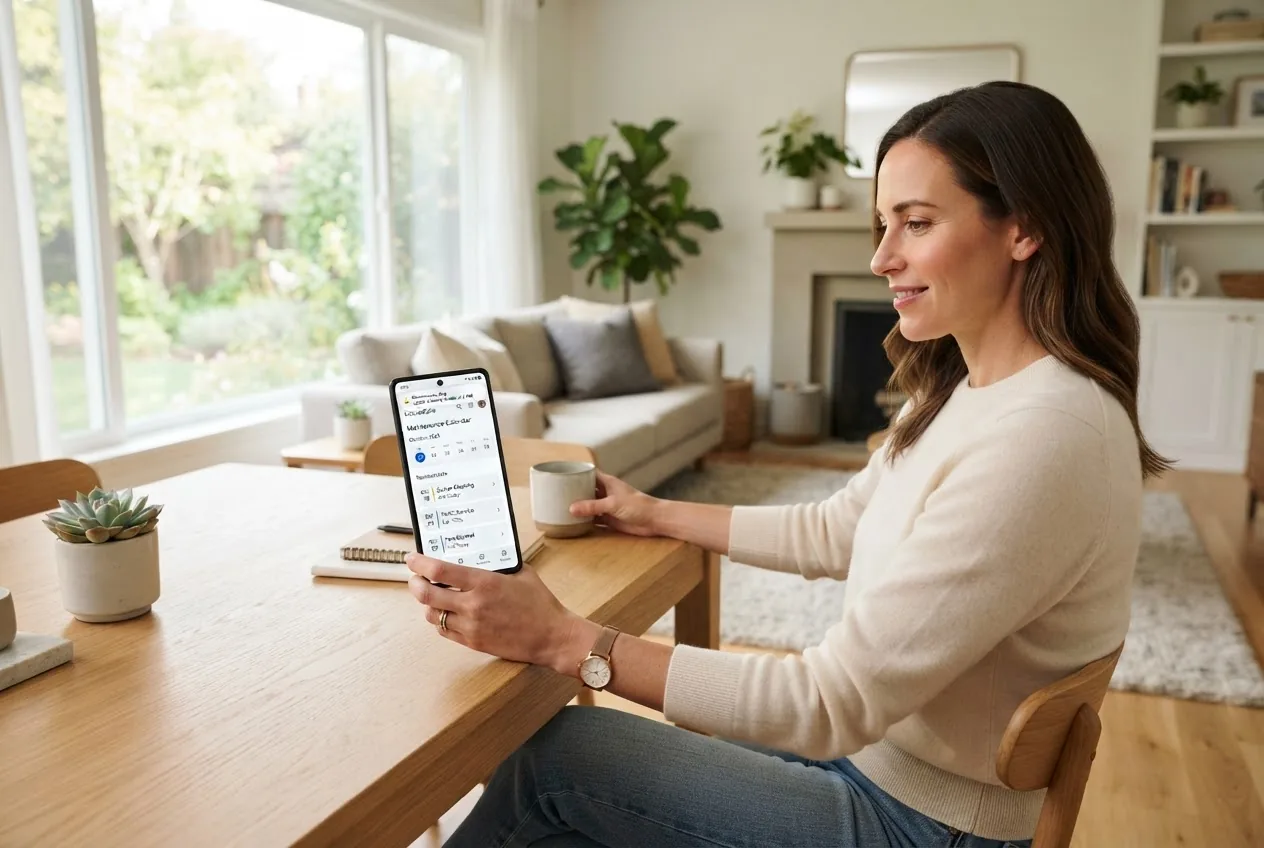 a well-lit, modern home interior with a smartphone displaying a home maintenance app interface, showing a clear calendar and reminder