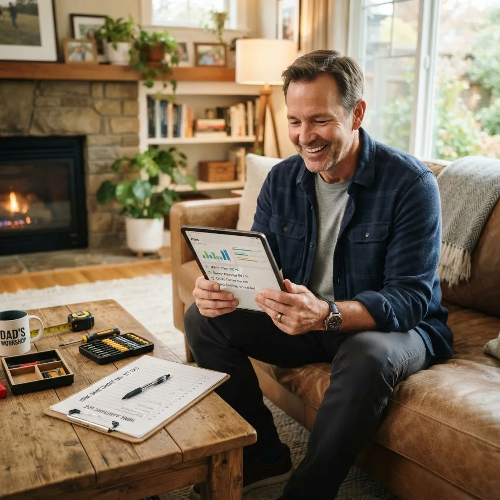 a middle-aged homeowner happily using a tablet or smartphone to check a home maintenance app, seated comfortably in a living room with