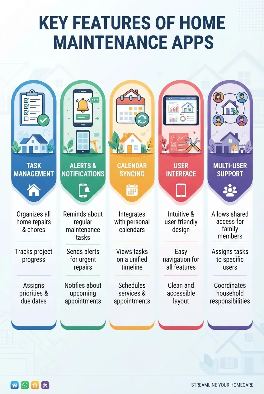 with 5 vertical columns showing key features of home maintenance apps: task management, alerts & notifications, calendar syncing, user