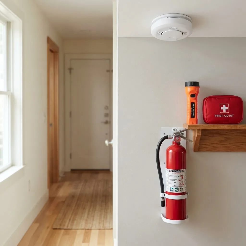 a modern smoke detector and fire extinguisher mounted/accessibly placed in a clean home hallway setting, with emergency flashlight and