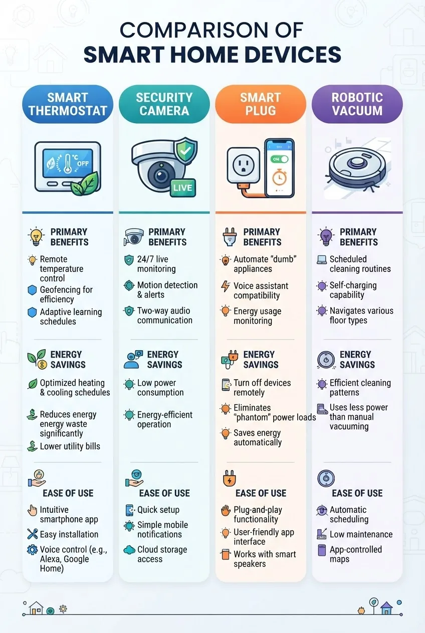 with four columns comparing smart home devices: smart thermostat, security camera, smart plug, robotic vacuum; each column includes a