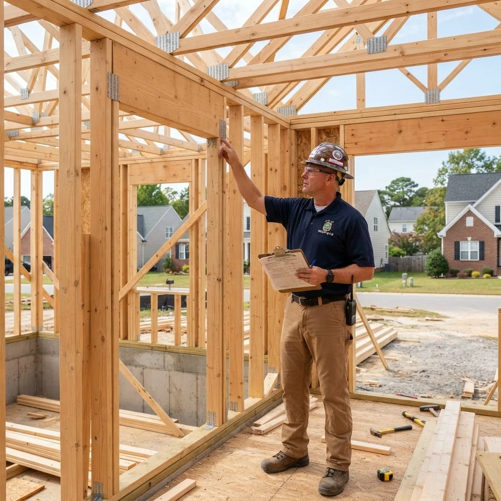 A building inspector performing a residential home framing inspection outdoors in daylight, wearing official city inspector uniform with