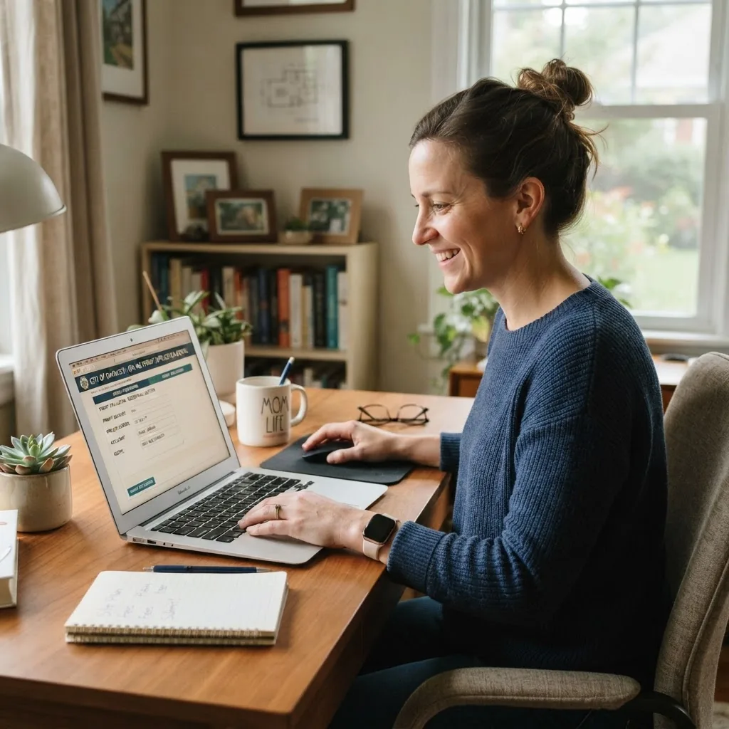A medium shot of a homeowner at a computer desk applying for a local building permit online, with a clear screen showing a government