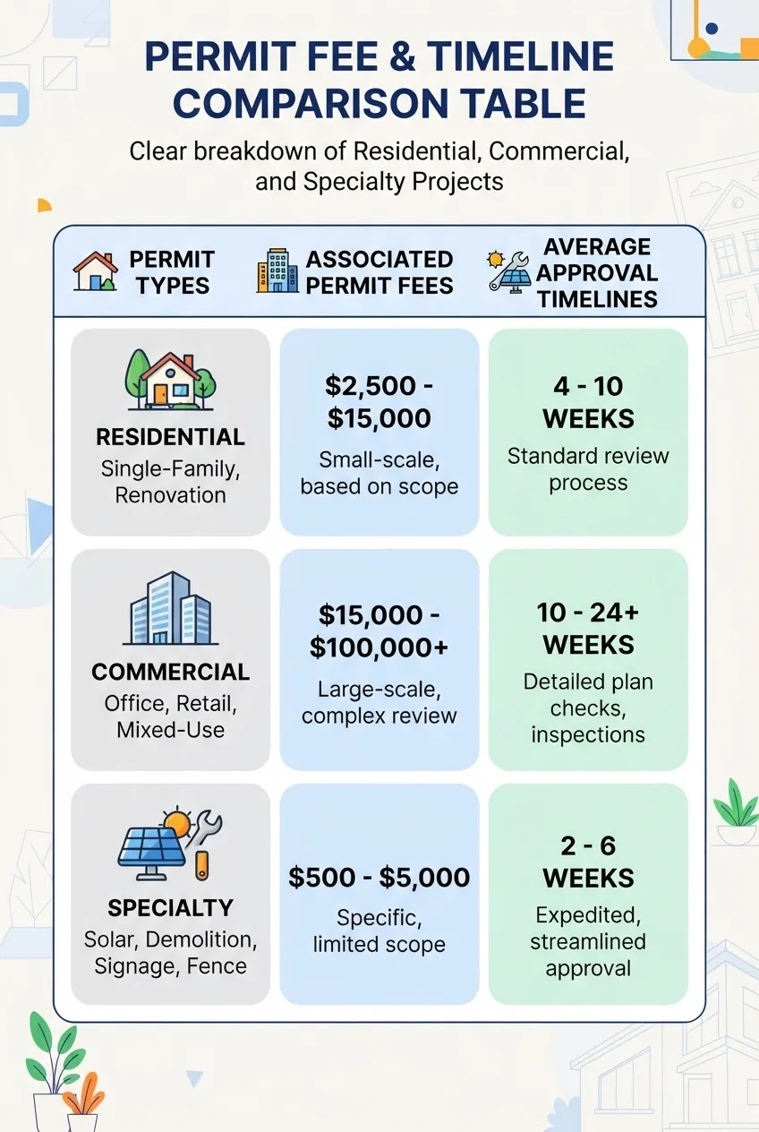 A clear infographic showing a three-column fee comparison table: column one with permit types (residential, commercial, specialty), column