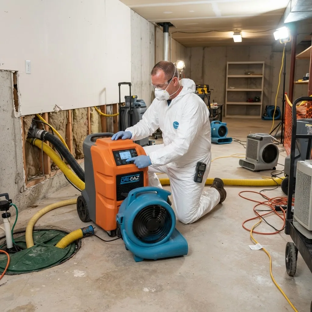 High-resolution image of a professional technician in protective gear operating industrial drying equipment in a water-damaged residential