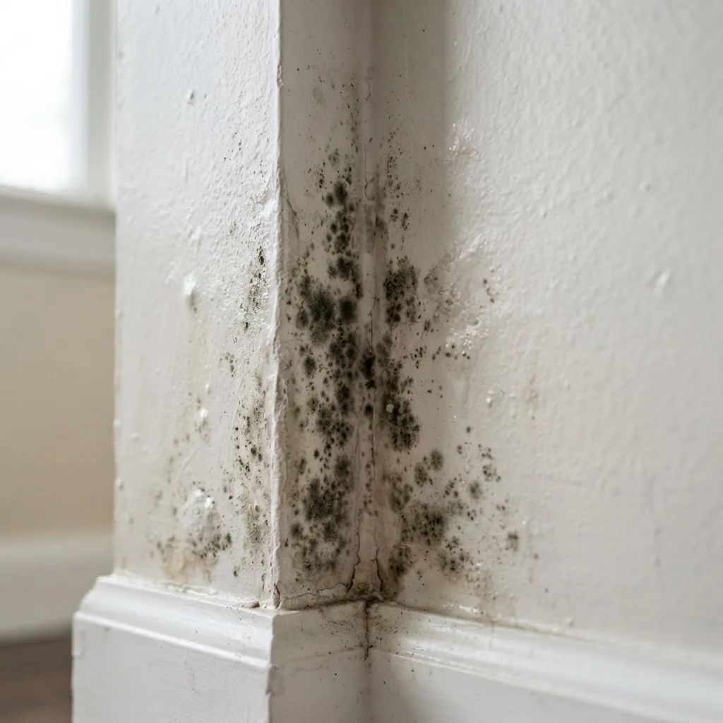 Close-up photograph of visible mold growth on a damp drywall corner inside a residential home, natural indoor lighting, subtle shadows