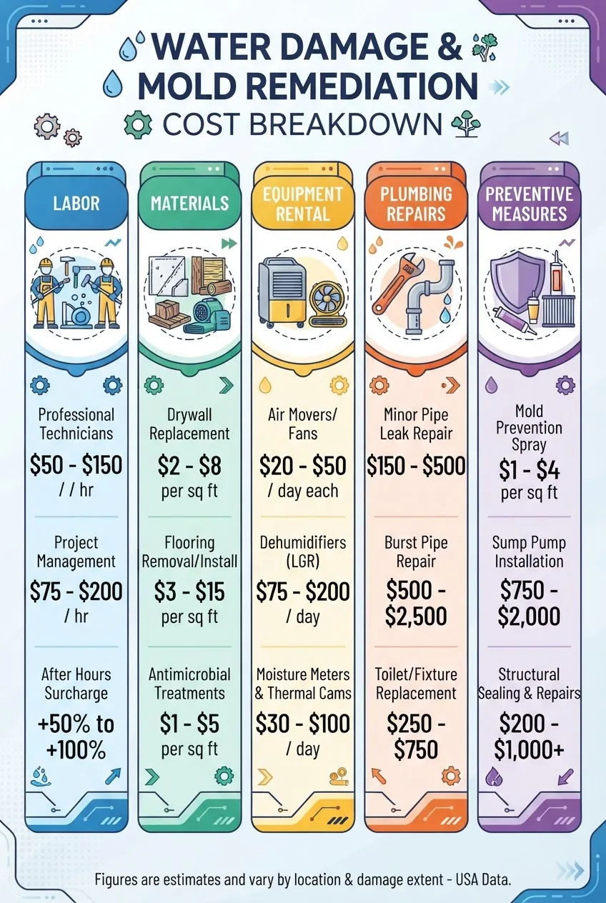 Infographic showing a multi-part breakdown of remediation costs in the USA: columns for labor, materials, equipment rental, plumbing