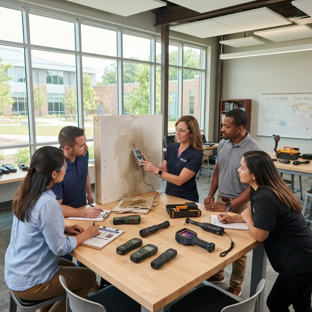 Modern classroom setting with small group of adult students participating in hands-on water damage inspection training, visible inspection