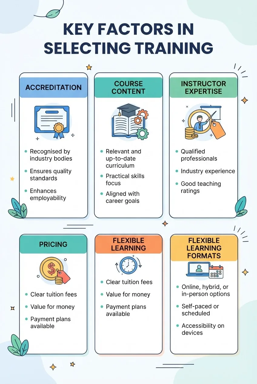 Infographic with five vertical sections illustrating key factors in selecting training: accreditation, course content, instructor