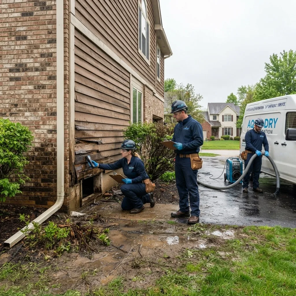 Professional water damage restoration specialists evaluating water damage on site at a residential property exterior, mid-distance wide