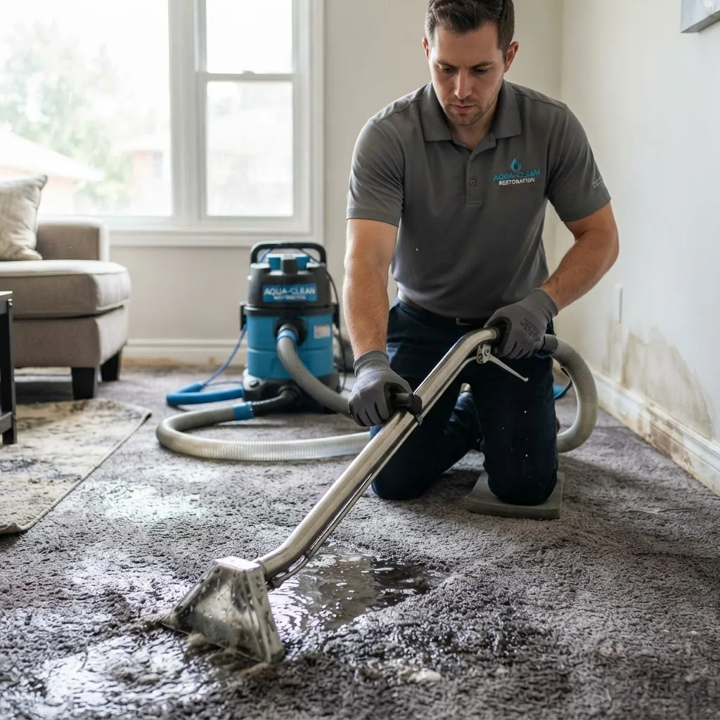 A high-resolution photo of a water damage restoration technician using a portable water extractor inside a residential living room with