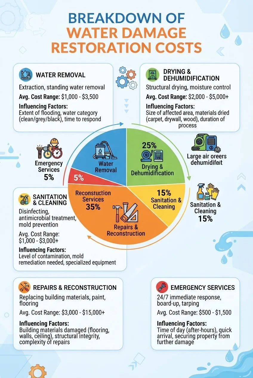 Infographic showing a breakdown of water damage restoration costs by category: water removal, drying and dehumidification, sanitation,