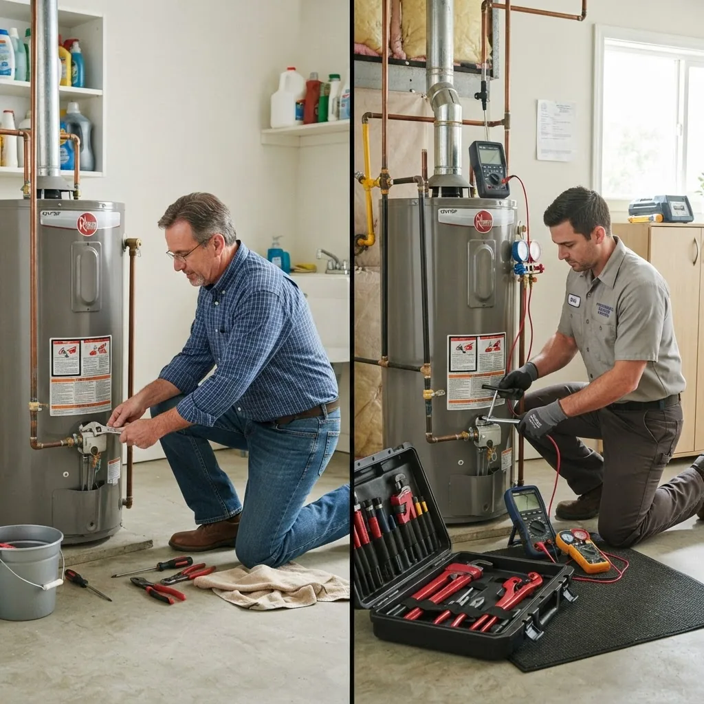 side-by-side view of a homeowner using basic tools for water heater maintenance versus a professional technician working with specialized