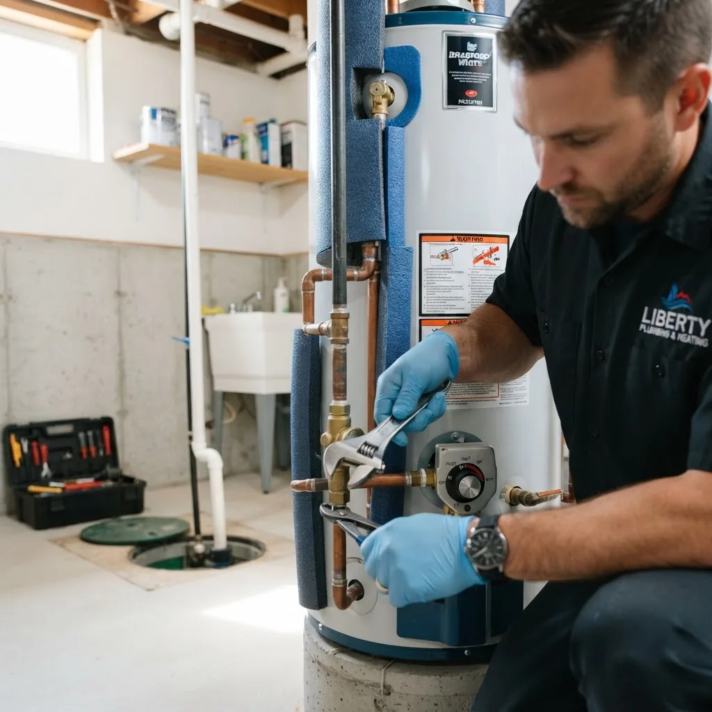 a technician inspecting a residential water heater in a typical basement or utility room, close-up on the technician’s hands using tools on
