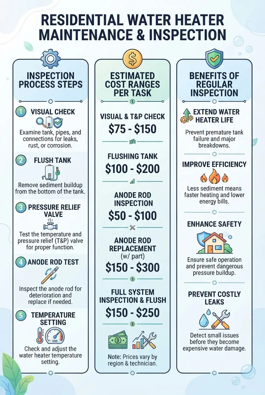divided into three columns showing the inspection process steps (e.g., visual check, flushing, anode rod test), average price ranges per