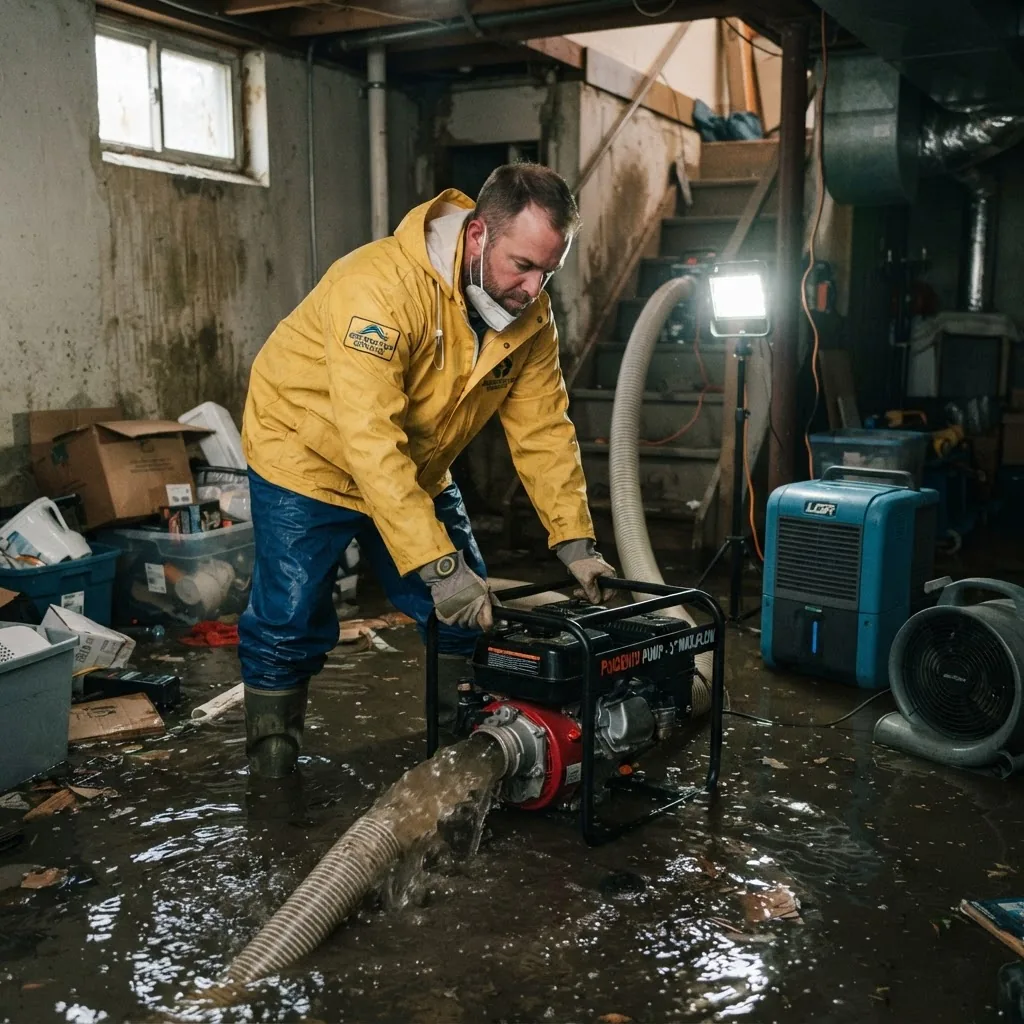 A close-up photo of a professional wearing protective gear operating a high-capacity water extraction pump inside a flooded residential