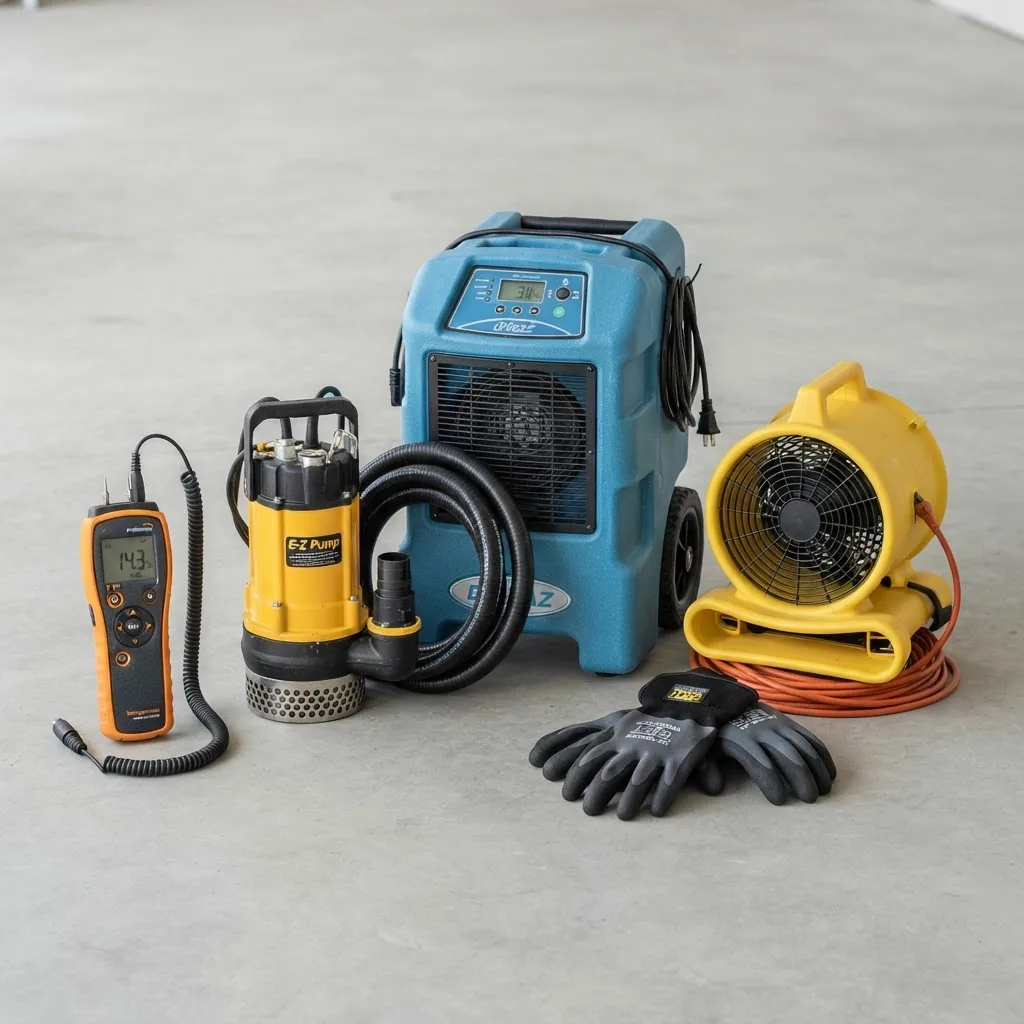 A clean, well-lit studio shot of key water removal tools arranged on a neutral background, including a moisture meter, a portable pump,
