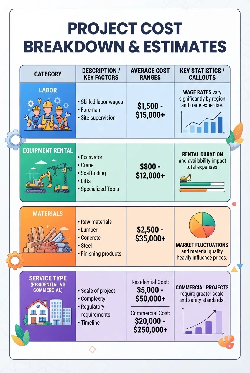 An infographic showing a cost breakdown table divided into categories: labor, equipment rental, materials, and service type (residential vs