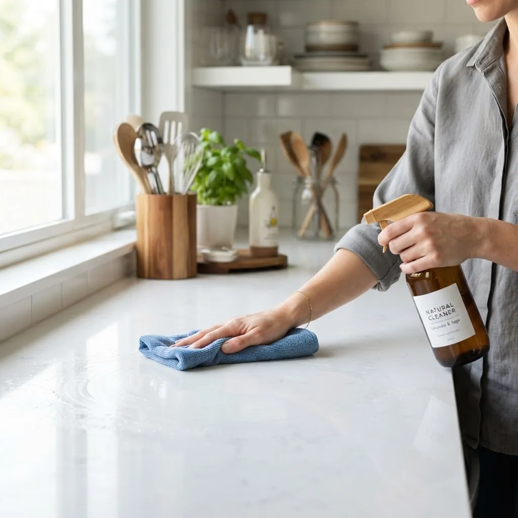 close-up of a person cleaning a kitchen countertop with a microfiber cloth and a natural spray cleaner, showing sparkling clean surfaces