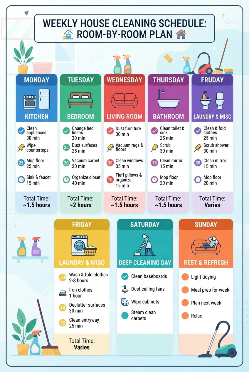 a 7-day weekly house cleaning schedule with each day dedicated to specific rooms and tasks: icons for kitchen, bathroom, bedroom, living