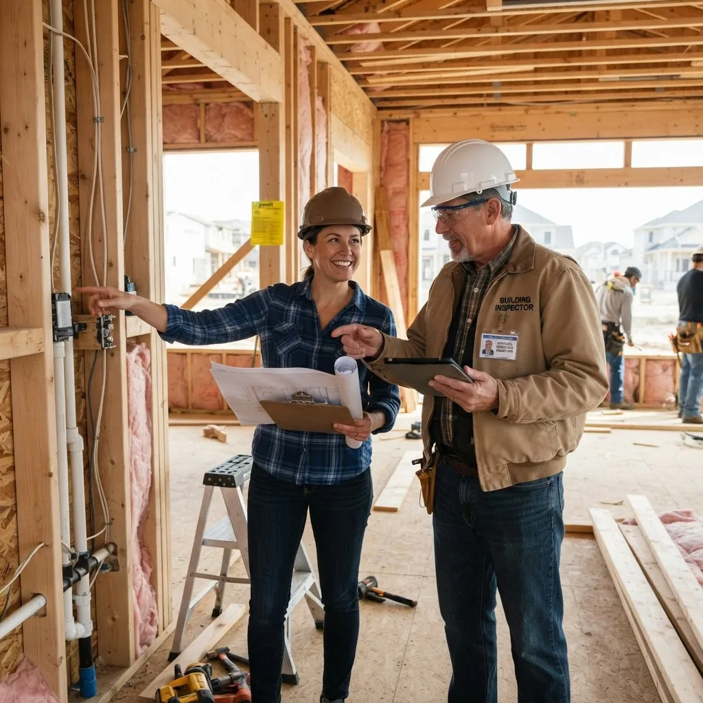 A medium shot of a homeowner consulting with a building inspector at a partially constructed residential house, informal setting, natural
