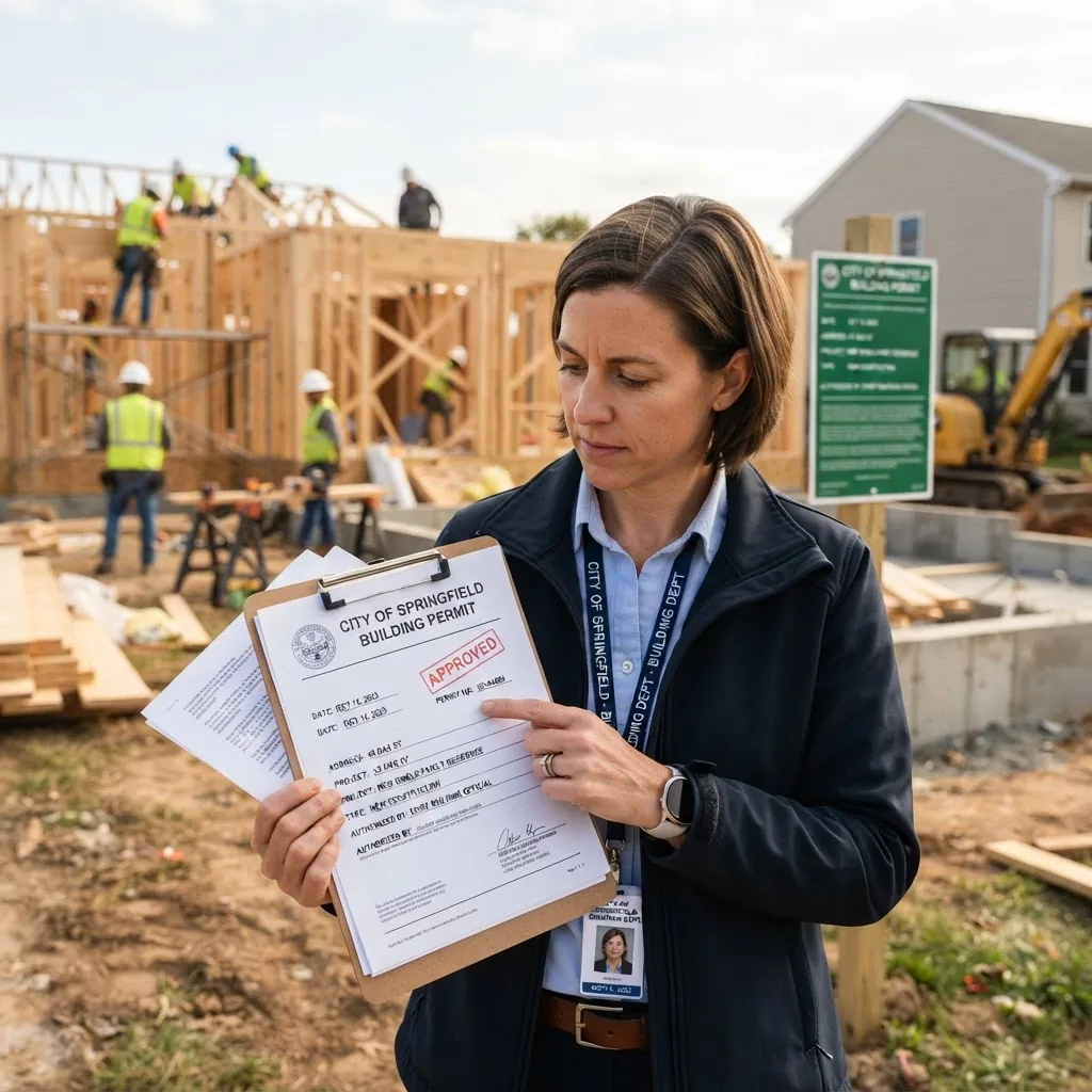A close-up image of a person holding official building permit documents outdoors near a residential construction site, natural daylight,