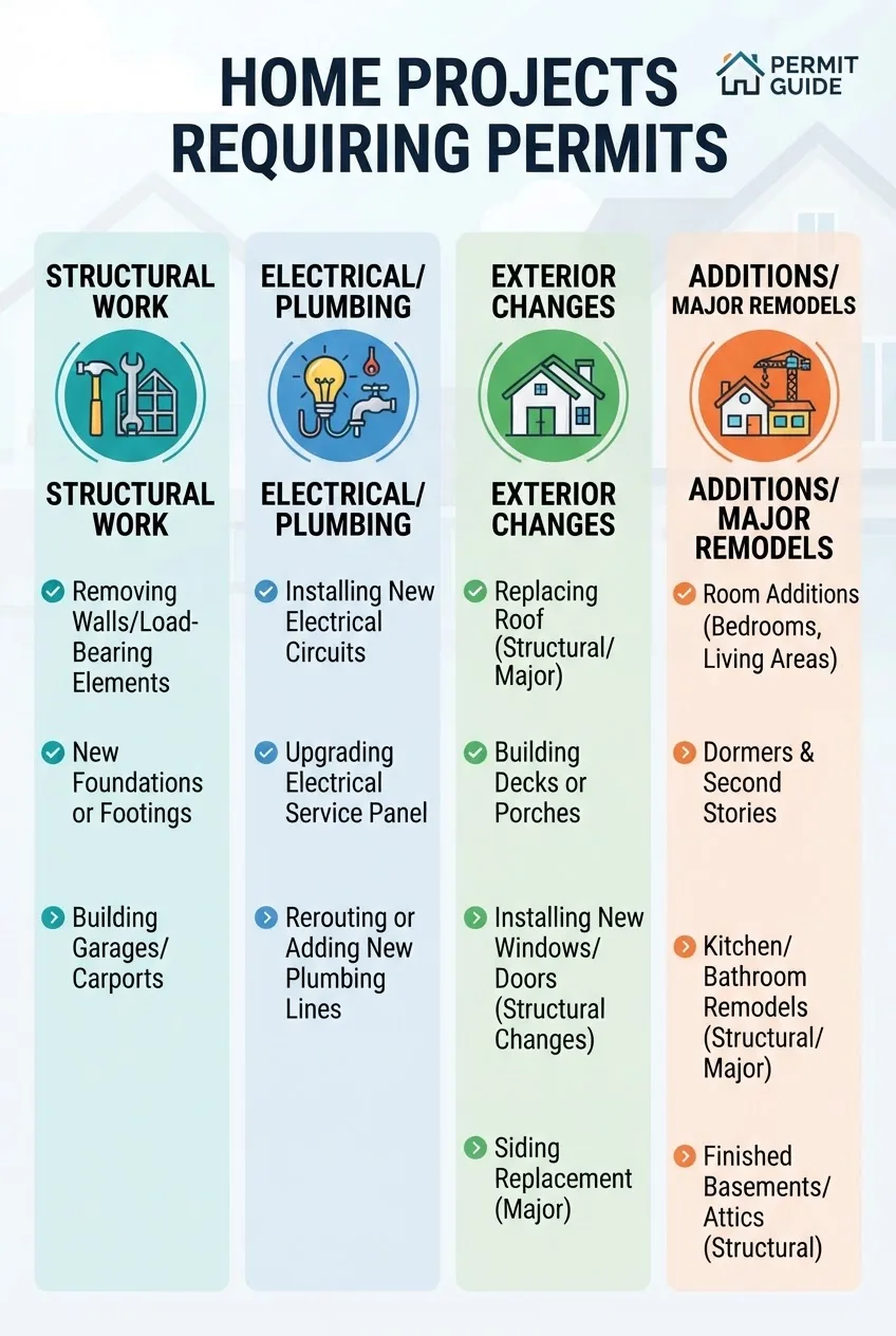 lists categories of home repair or construction projects needing permits, arranged in 4 columns: Structural work, Electrical/plumbing,