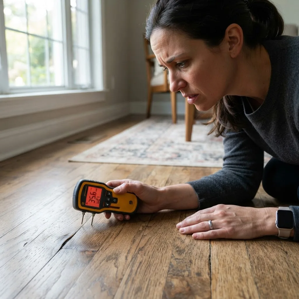 Close-up of a moisture detection device in use on a wooden floor inside a home, illuminated by natural light through windows, highlighting