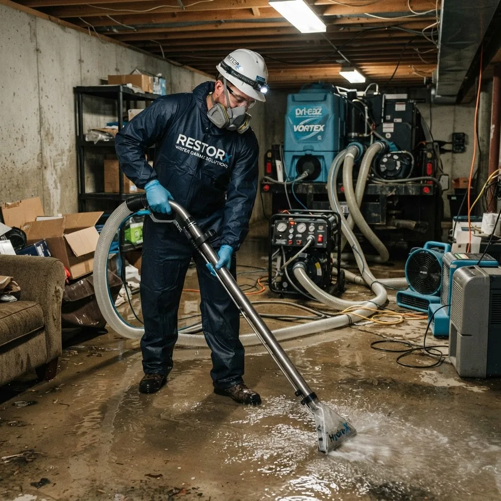 A well-lit indoor scene showing a professional water mitigation technician in protective gear operating industrial water extraction