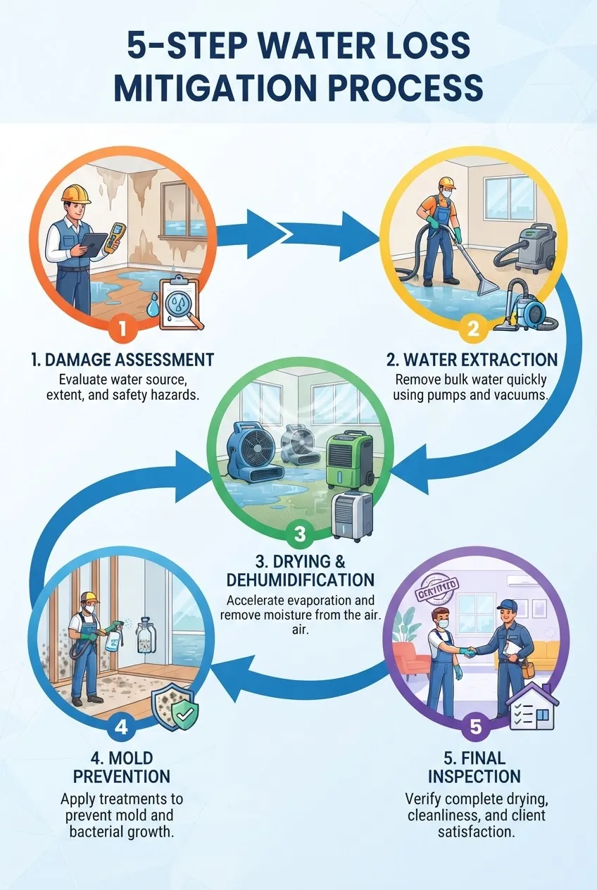 An infographic illustrating a 5-step water loss mitigation process from damage assessment, water extraction, drying and dehumidification,