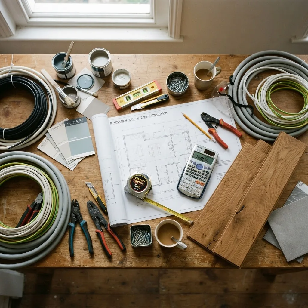Overhead shot of home renovation materials spread out on a table, including paint samples, wooden planks, wiring cables, blueprints, and a