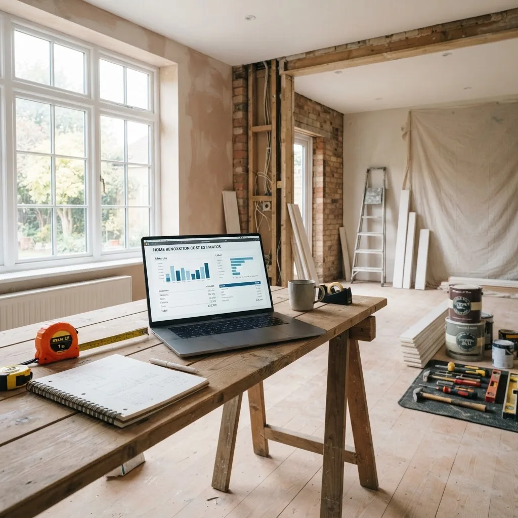 A bright, modern living room under renovation with visible construction elements, measuring tapes and a laptop showing a cost calculator